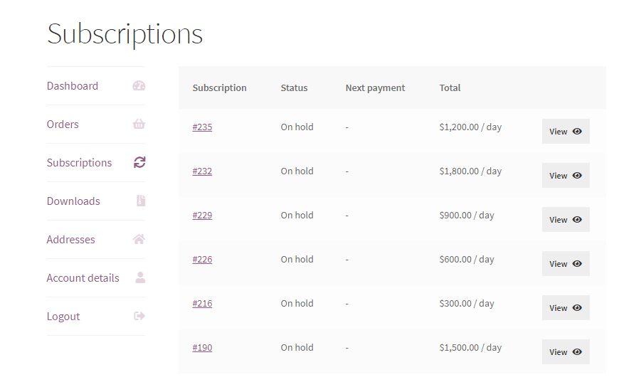 View of Subscriptions