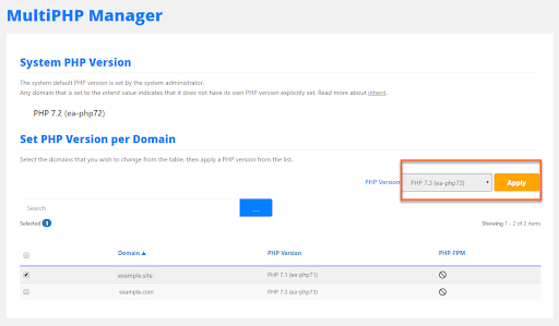 select the PHP version