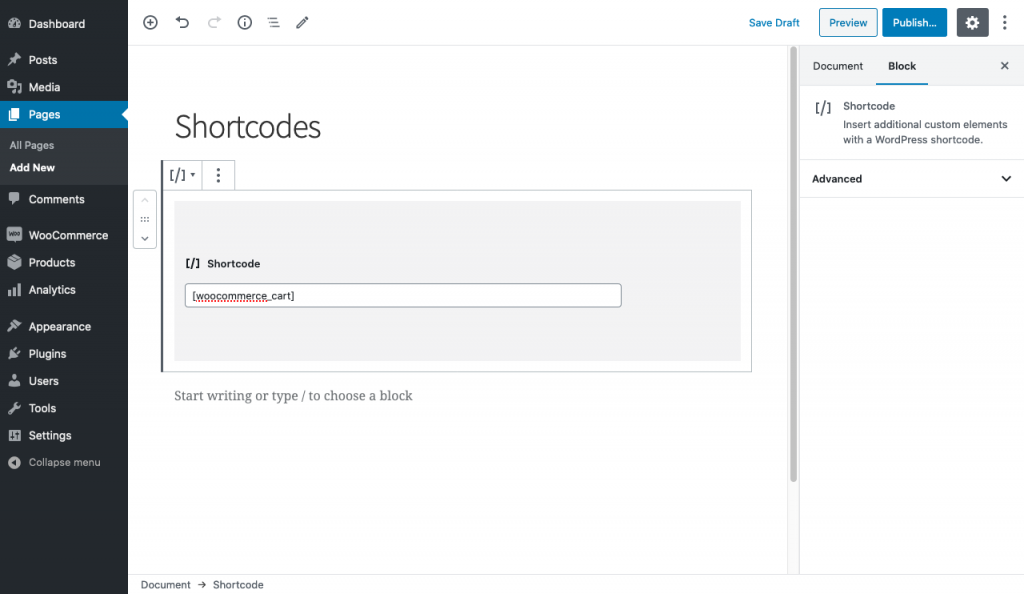 how to add the woocommerce add to cart button shortcode using the block editor